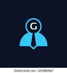 logo initials letter G. logo for job vacancies or employee recruitment. a combination of the human figure symbol, a magnifying glass, initials and a tie.