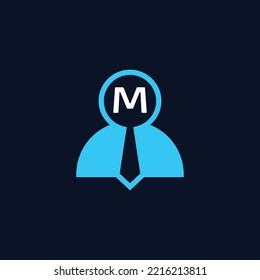 logo initials letter M. logo for job vacancies or employee recruitment. a combination of the human figure symbol, a magnifying glass, initials and a tie.
