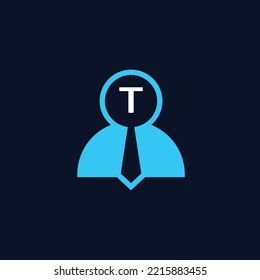 letra T de las iniciales del logotipo. logotipo para ofertas de empleo o contratación de empleados. combinación del símbolo de figura humana, una lupa, iniciales y una corbata.