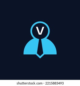 logo initials letter V. logo for job vacancies or employee recruitment. a combination of the human figure symbol, a magnifying glass, initials and a tie.