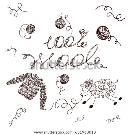 Logo with the inscription 100% wool, tangles of thread, sheep and a wool sweater
