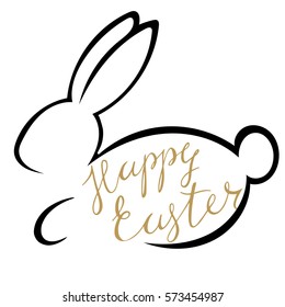 logo with an inscription from the hand of a happy Easter with the Easter Bunny