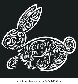 logo with an inscription from the hand of a happy Easter with the Easter Bunny