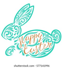 logo with an inscription from the hand of a happy Easter with the Easter Bunny