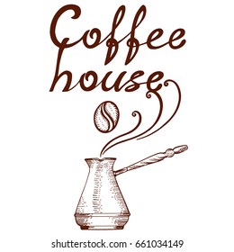 Logo with an inscription house coffee, coffee beans and coffee turkey,  in retro style