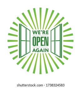 Logo with the inscription we are open again, two green doors in a circle