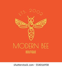 Logo with insect. Badge Bee for corporate identity, packaging luxury brand of bee products, eco-cosmetics, soap, medical products and honey. Trend style in one line.