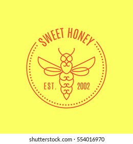 Logo with insect. Badge Bee for corporate identity, packaging luxury brand of bee products, eco-cosmetics, soap, medical products and honey. Trend style in one line.