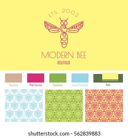 Logo with insect. Badge Bee for corporate identity, packaging luxury brand, eco-cosmetic, soap, medical product and honey. Trend style thin line. Texture for wrapping, textiles, surface design