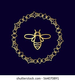 Logo with insect. Badge Bee for corporate identity, packaging luxury brand of bee products, eco-cosmetics, soap, medical products and honey. Trend style in thin line.