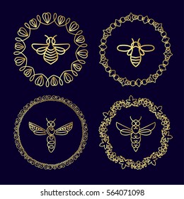Logo with insect. Badge Bee for corporate identity, packaging luxury brand of bee products, eco-cosmetics, soap, medical products and honey. Trend style in thin line.