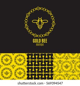 Logo with insect. Badge Bee for corporate identity, packaging luxury brand, eco-cosmetic, soap, medical product and honey. Trend style thin line. Texture for wrapping, textiles, surface design