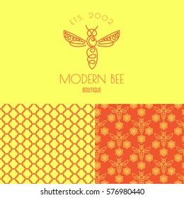 Logo with insect. Badge Bee for corporate identity, packaging luxury brand, eco-cosmetic, soap, medical product and honey. Trend style thin line. Texture for wrapping, textiles, surface design