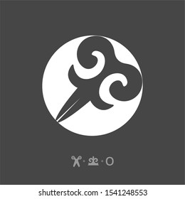 Logo inside a white circle. Scissor plus ornament. Vector.
