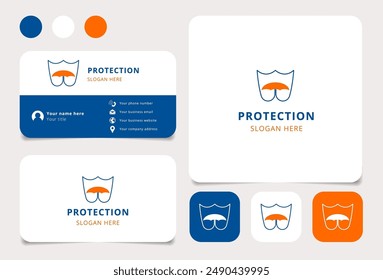 Logo for an insurance company featuring a shield protecting an umbrella