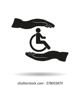 Logo for the insurance. Hands holding a person in a wheelchair.
