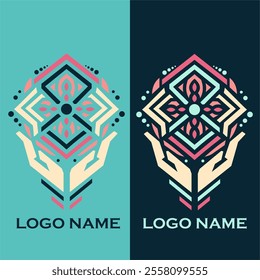 The logo integrates geometric symmetry with artistic elegance, centered around a stylized floral or cross-shaped emblem.