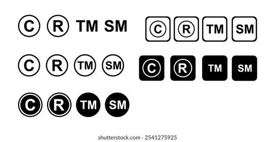 Logotipo para el derecho de la Propiedad intelectual en los negocios o el comercio. Logotipo de Derechos de autor, registrado, Marca comercial y Marca de servicio.