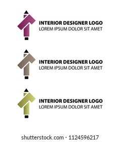 Logo for the interior designer or architect. Vector symbol in three color variants - purple, brown and green. Sign is composed from a pencil and a chimney.