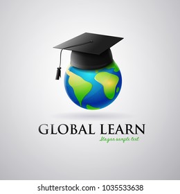 Logo International education: graduation cap on planet earth. Vector image
