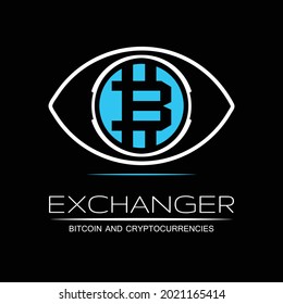 Logo for investment company.Flat logo of a glaring eye with colored blue of Bitcoin sign, with ‘Exchanger’ logo text below and ‘Bitcoin and Cryptocurrencies’as tagline lower.EPS8 file.