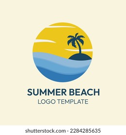 A logo of an island with a coconut tree in the middle of the ocean