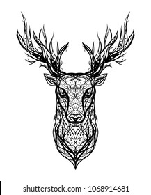 Logo isolated head of a deer on a white background - Black and white vector linear ink. Printing on postcards, stylish business cards, stickers, tattoo, clothes, T-shirts.