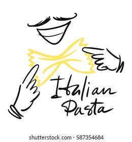 Logo for Italian cuisine with the image of pasta, smile and mustache. Hands corrected bow tie pasta.