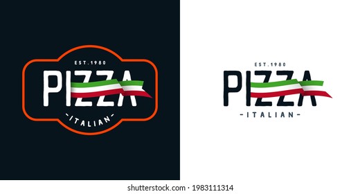 logo of italian pizzeria on white and black background. The word Pizza and a ribbon in the color of the Italy flag 