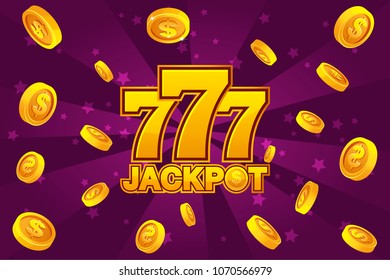 logo JACKPOT and golden 777 icon, explosion gold coins on violet background. Banner casino background