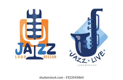 Logo Jazz Design Collection, Live Concert, Music Festival Labels Cartoon Vector Illustration