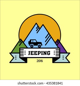 Logo jeeping. Vector sign riding jeep off-road mountains in the background. Journey.