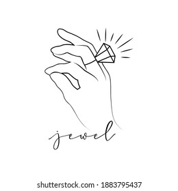 Logo jewel, silhouette woman hand with diamond ring. Vector. Line style. As template for print of t shirt, clothes, tattoo, logotype of jewelry store, beauty shop, package product. Calligraphic font.