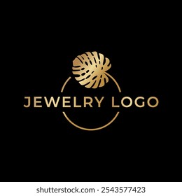 O logotipo da joalheria no vetor. Anel de ouro com folha de palma e texto. Logotipo de luxo para joalheiro, moda, joias, bijouterie. Design de metais e pedras preciosas.