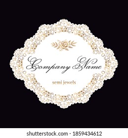 Logo for jewelry and semi-jewelery company with flower symbol, name and slogan within a frame in curvilinear shapes in golden, white and black colors.