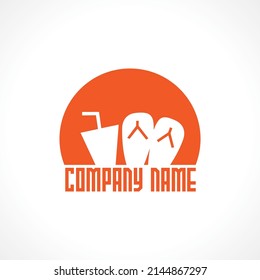 Logo with juice and flip flops on the background of sun. Vector design logo. Vector illustration