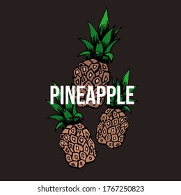 Logo for juices, lemonades, cosmetics, masks. Logo with three pineapples on a dark background in the middle of the text "PINEAPPLE". Designer print