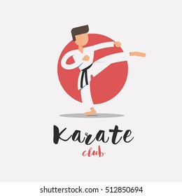 Logo karate club. Man practicing fighting with white kimono and black belt. Vector