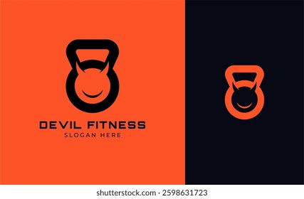 Logo Kettlebell and devil head concept. Fitness, body builder, gym logo design template