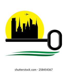 logo. A key and the city against the sun and the plane