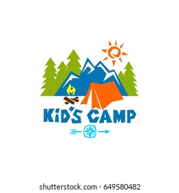 Logo of the kid's camp. Mountains, compass, tent, fire and trees