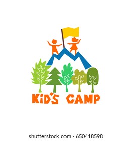 Logo of the kid's camp. Mountains, flag, trees, children