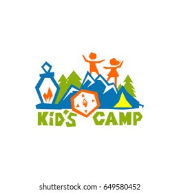 Logo of the kid's camp. Mountains, a lamp, a tent and a fire, children