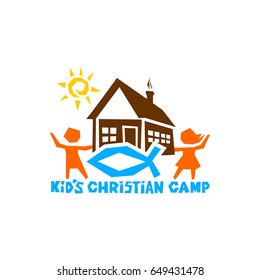 Logo of kid's Christian camp. The house, the sun, the children, the fish - the sign of Jesus