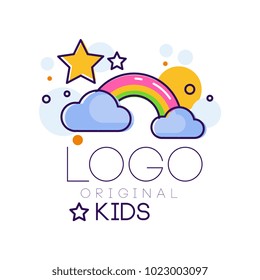 Logo kids creative concept template, design element with rainbow stars and clouds hand drawn vector Illustration isolated on a white background