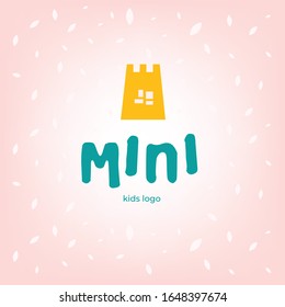 Logo for kids project. Mini yellow logo, Cute castle, pink background
