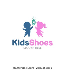 Logo for a kids shoe store silhouettes of a boy and a girl joyfully playing, with a shoe icon and vibrant text. Vector illustration