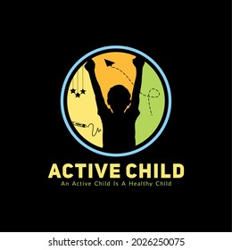 Logo Kindergarten or Children's Lesson Place With Child Silhouette Raising Hand