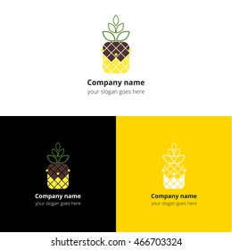 Logo King fruit pineapple. The Pineapple, vitamins, ananas, crown, queen logotype design. Emblem, icon, vector, template. Vision concept for food, greengrocery, vegan, vegetarian, organic company.