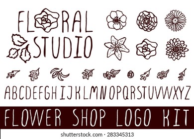 Logo kit with handsketched floral elements for flower shops. Floral studio